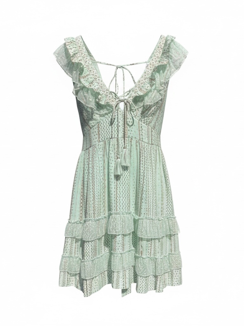 Ananta Mint Green Ruffled Swiss Dot Mini Dress S/M Boho Fairycore